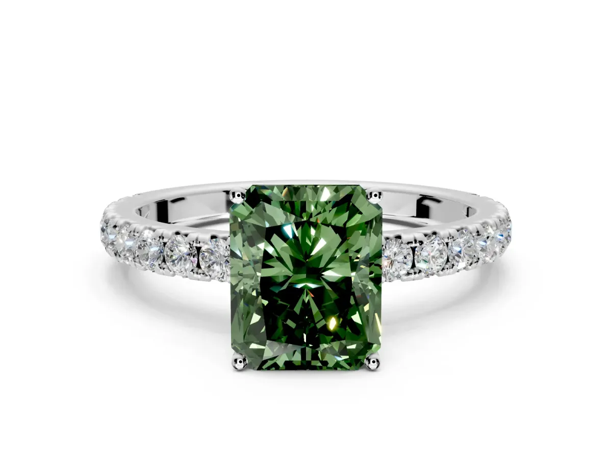 Solitaire Engagement Ring Setting for Fancy Green Radiant Cut Center with Large Accent Band and Prong Head in Platinum