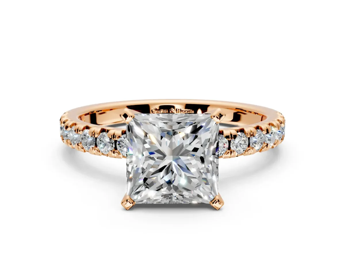 Solitaire Engagement Ring Setting for Princess Cut Center with Large Accents and Prong Head in Rose Gold