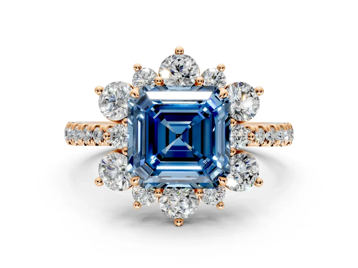 Floral Halo Engagement Ring Setting for Fancy Blue Asscher Cut Center with Pave Accents and Prong Head in Rose Gold