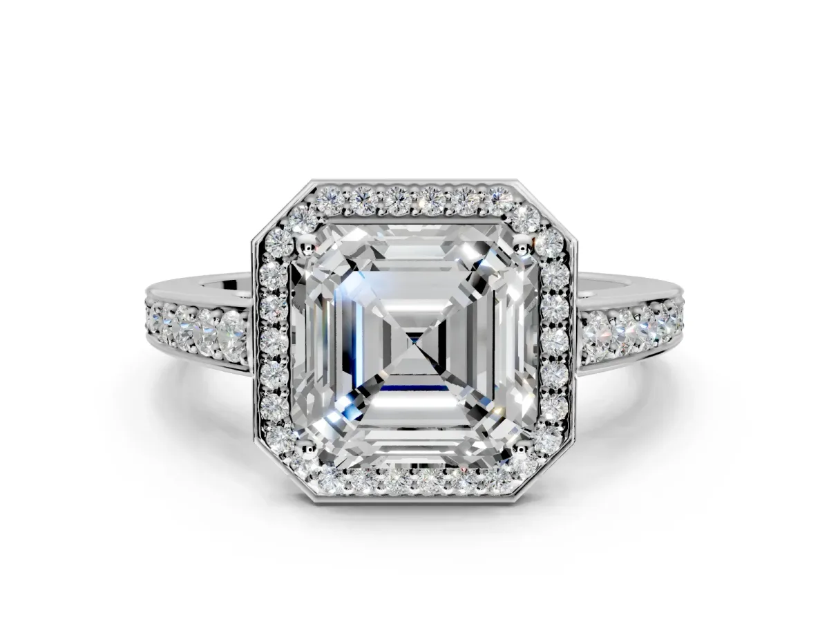 Bezel-Framed Halo Engagement Ring Setting for Asscher Cut Center with Pave Band and Prong Head in White Gold