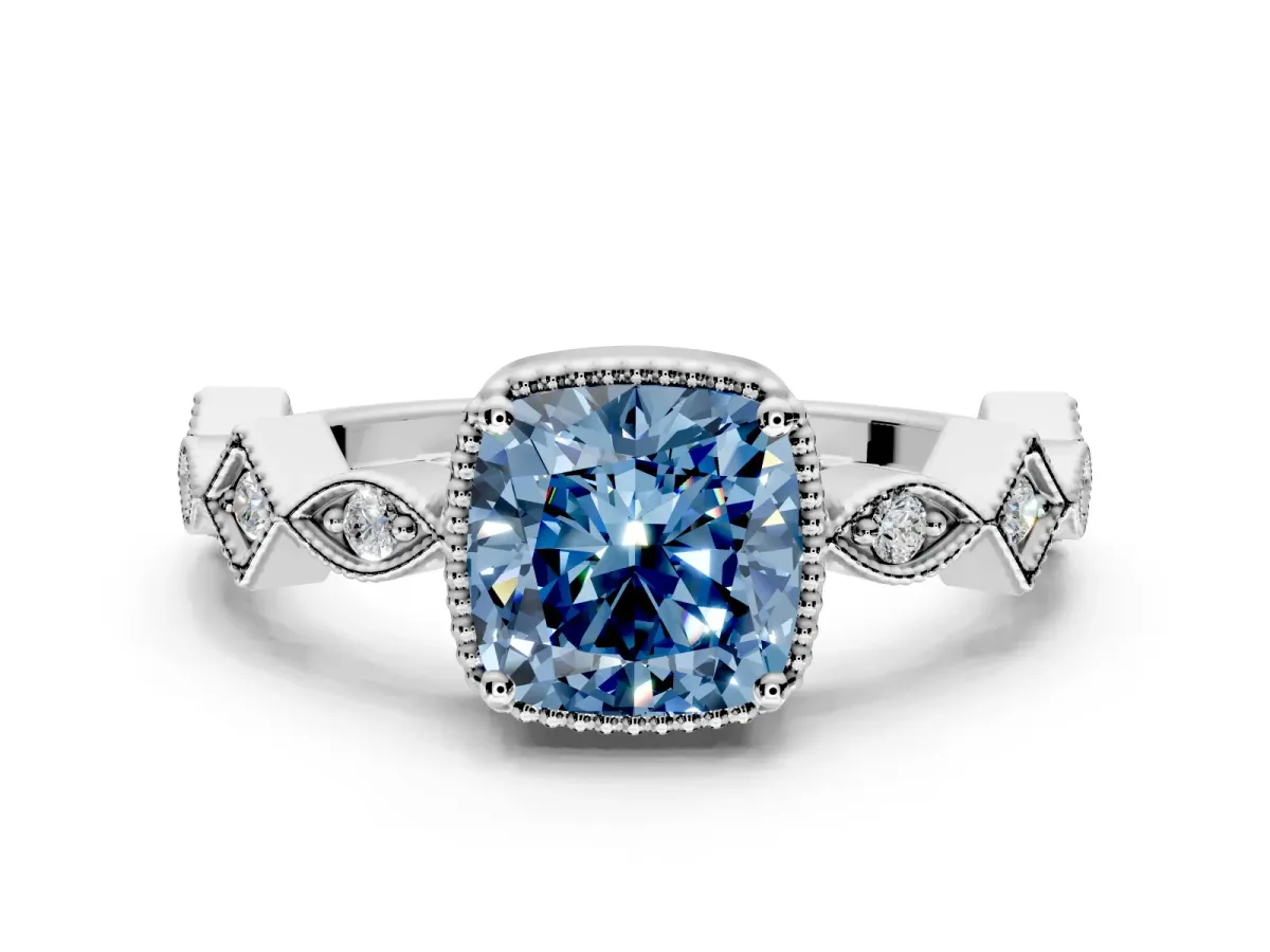 Milgrain Bezel Engagement Ring Setting for Fancy Blue Cushion Cut Center with Marquise Stations and Bezel Head in White Gold