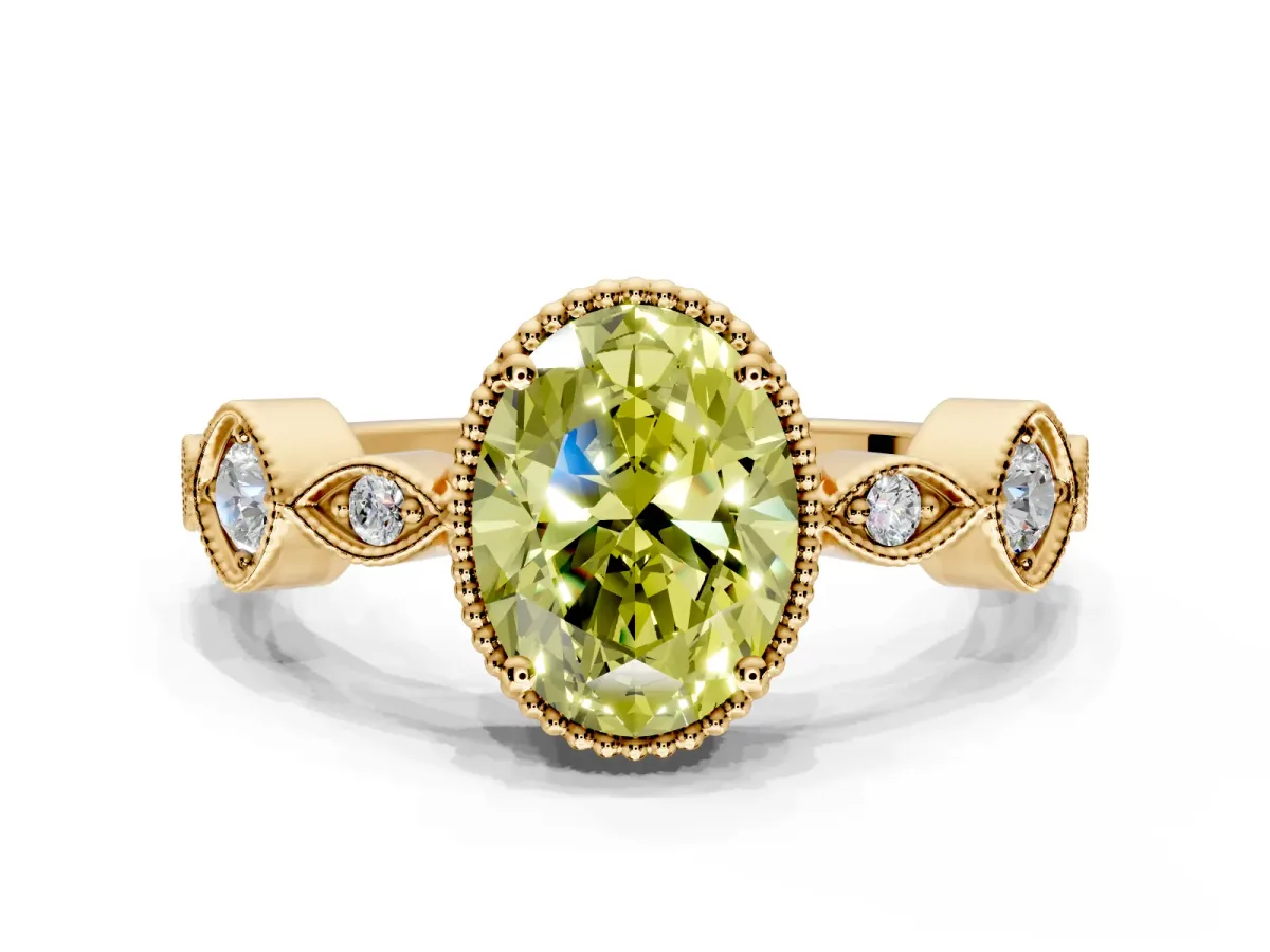 Vintage Station Engagement Ring Setting for Fancy Yellow Oval Center with Accents and Prong Head in Yellow Gold