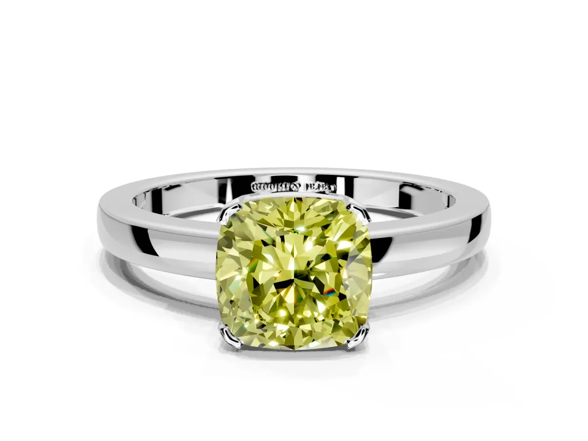 Solitaire Engagement Ring Setting for Fancy Yellow Cushion Cut Center with Plain Band and Flat Tab Prong Head in Platinum