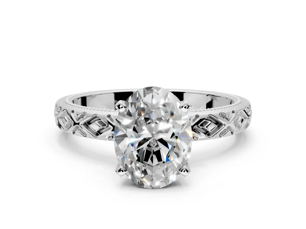 Solitaire Engagement Ring Setting for Oval Center with Milgrain X Pattern Band and Prong Head in White Gold