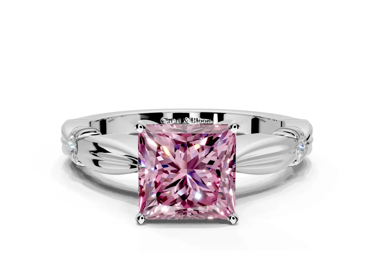 Solitaire Engagement Ring Setting for Fancy Pink Princess Cut Center with Carved Leaf Shoulders and Prong Head in Platinum