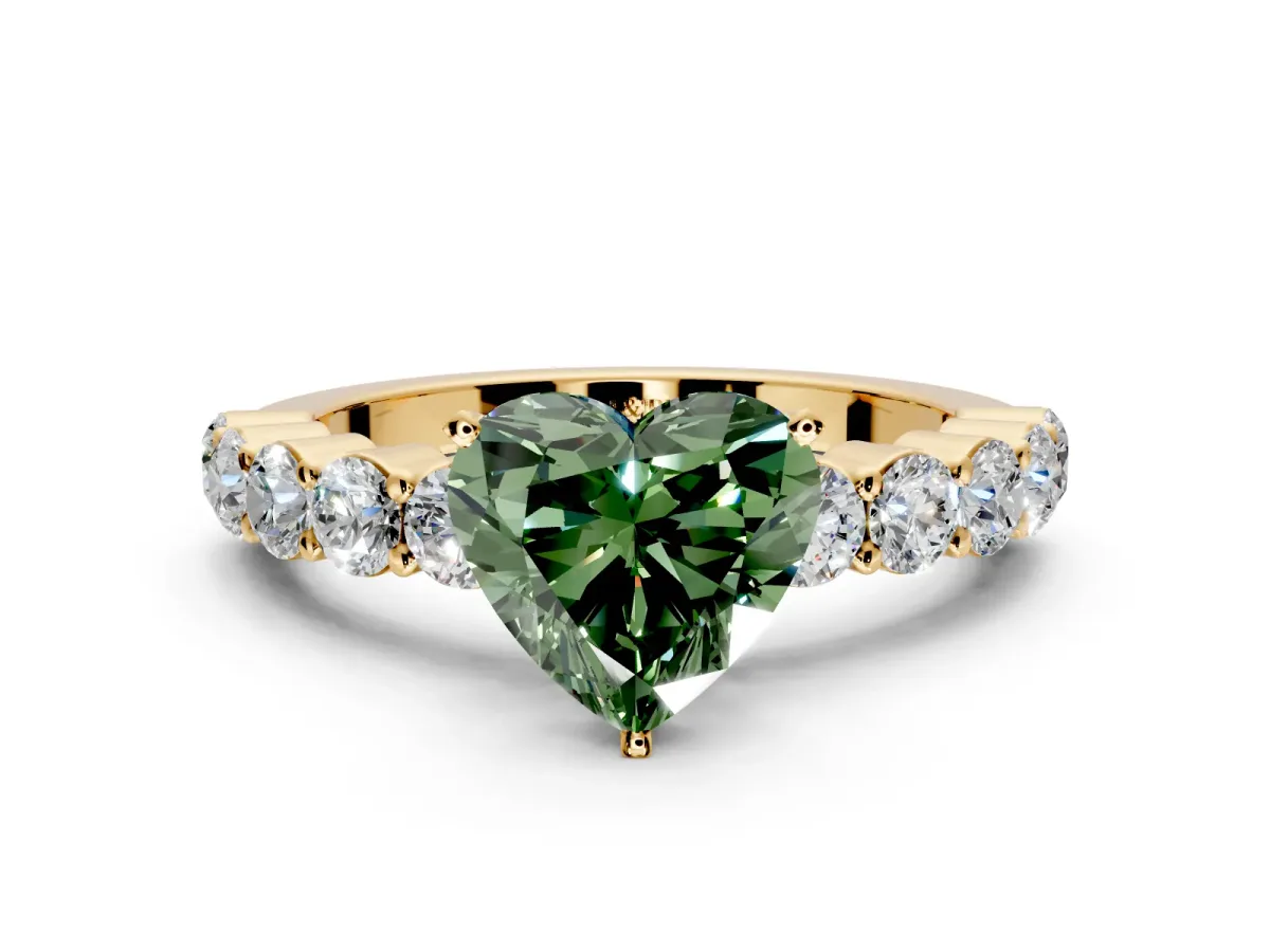 Shared-Prong Engagement Ring Setting for Fancy Green Heart-Shaped Center with Graduated Accents and Prong Head in Yellow Gold