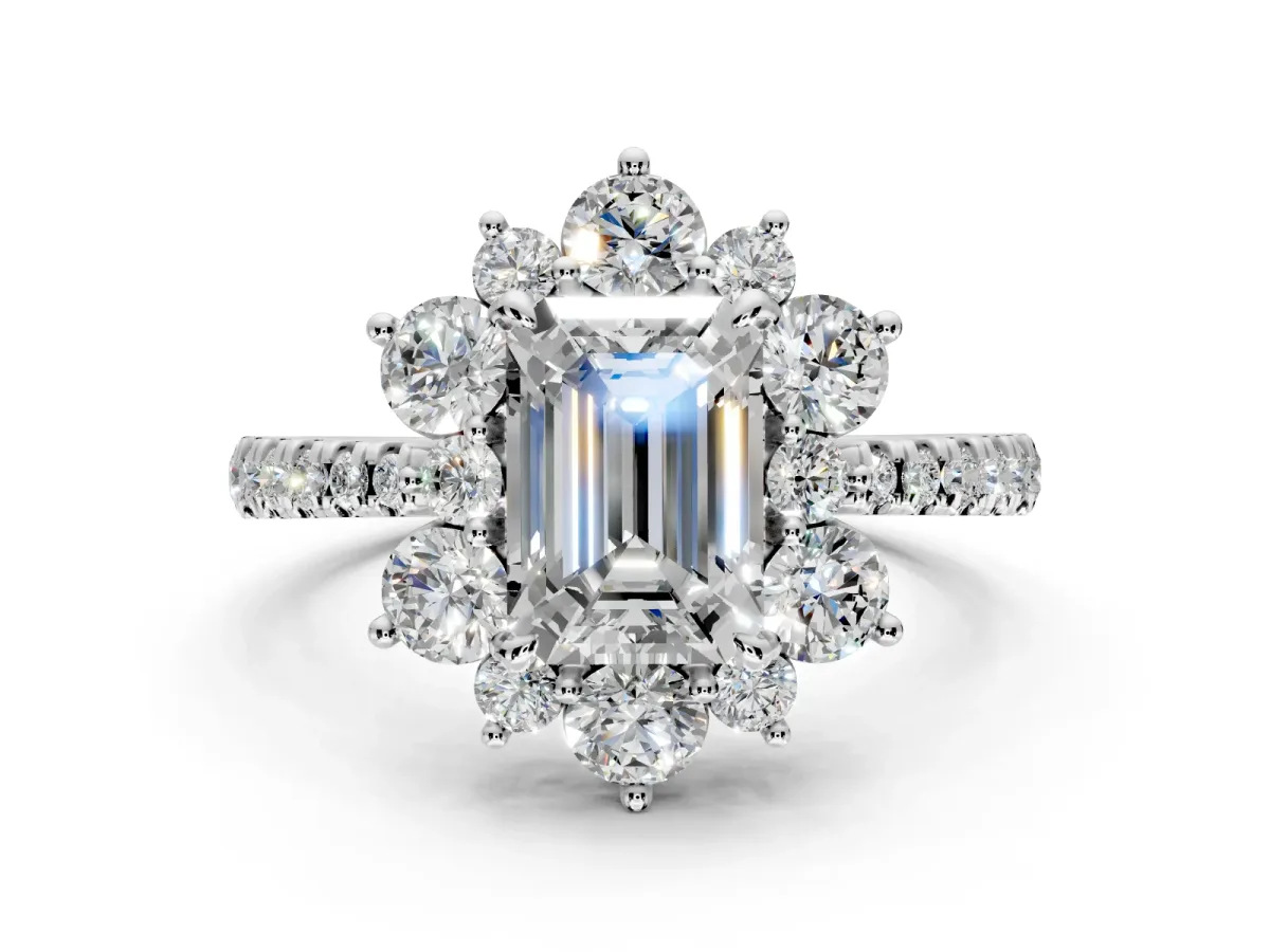 Floral Halo Engagement Ring Setting for Emerald Cut Center with Pave Accents and Prong Head in Sterling Silver