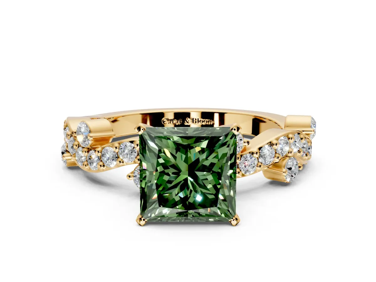 Solitaire Engagement Ring Setting for Fancy Green Princess Cut Center with Bar-Station Pave Twist and Prong Head in Yellow Gold