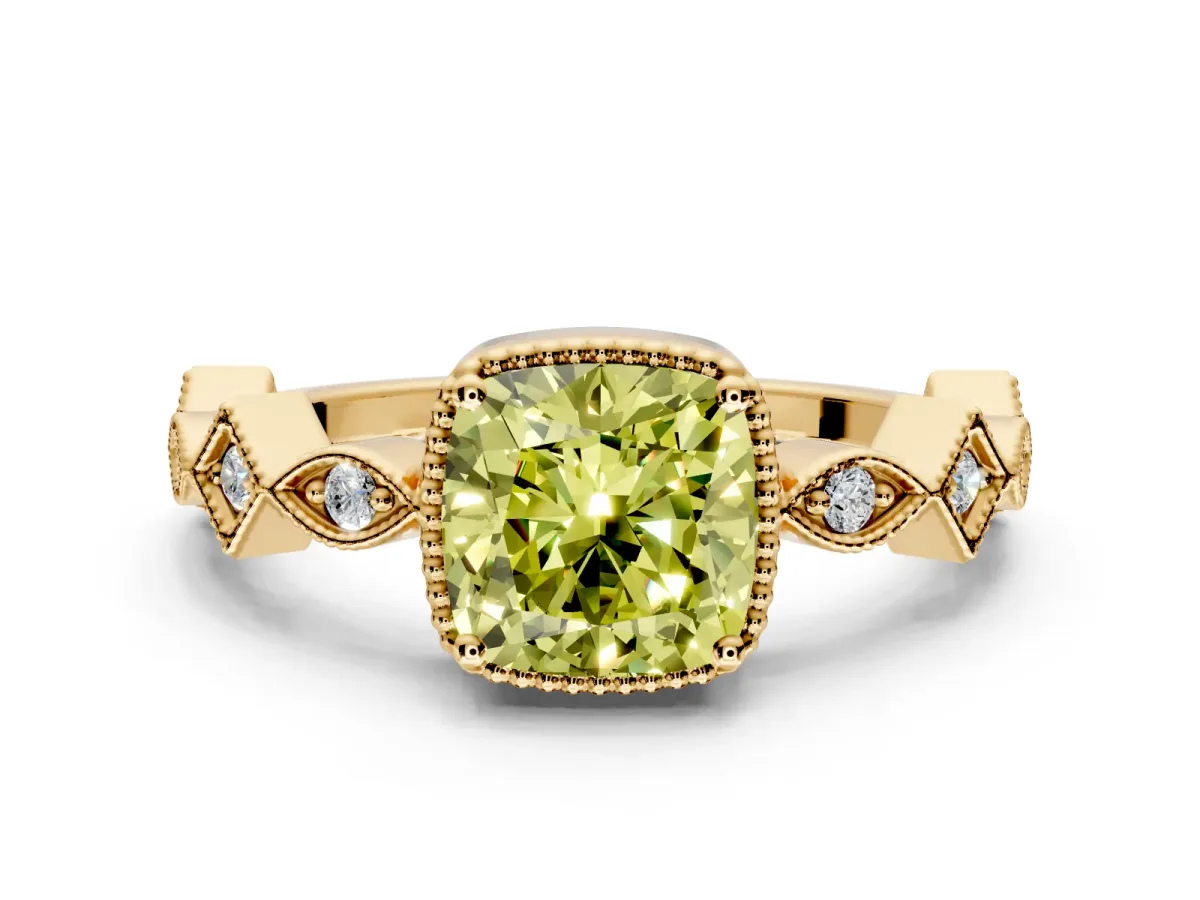 Milgrain Bezel Engagement Ring Setting for Fancy Yellow Cushion Cut Center with Marquise Stations and Bezel Head in Yellow Gold