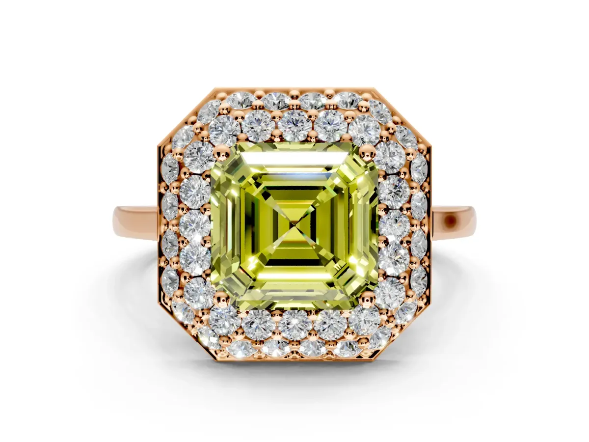 Halo Engagement Ring Setting for Fancy Yellow Asscher Cut Center with Plain Tapered Band and Prong Head in Rose Gold