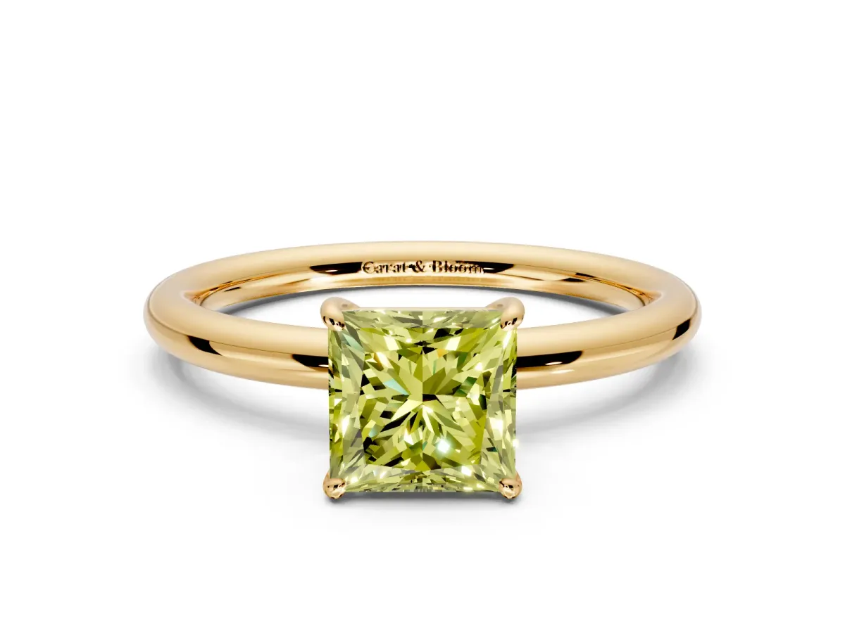 Low-Set Solitaire Engagement Ring Setting for Fancy Yellow Princess Cut Center with Thin Plain Band and Prong Head in Yellow Gold