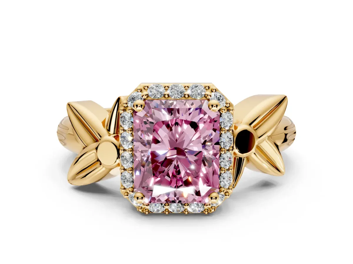 Halo Engagement Ring Setting for Fancy Pink Radiant Cut Center with Floral Band and Prong Head in Yellow Gold