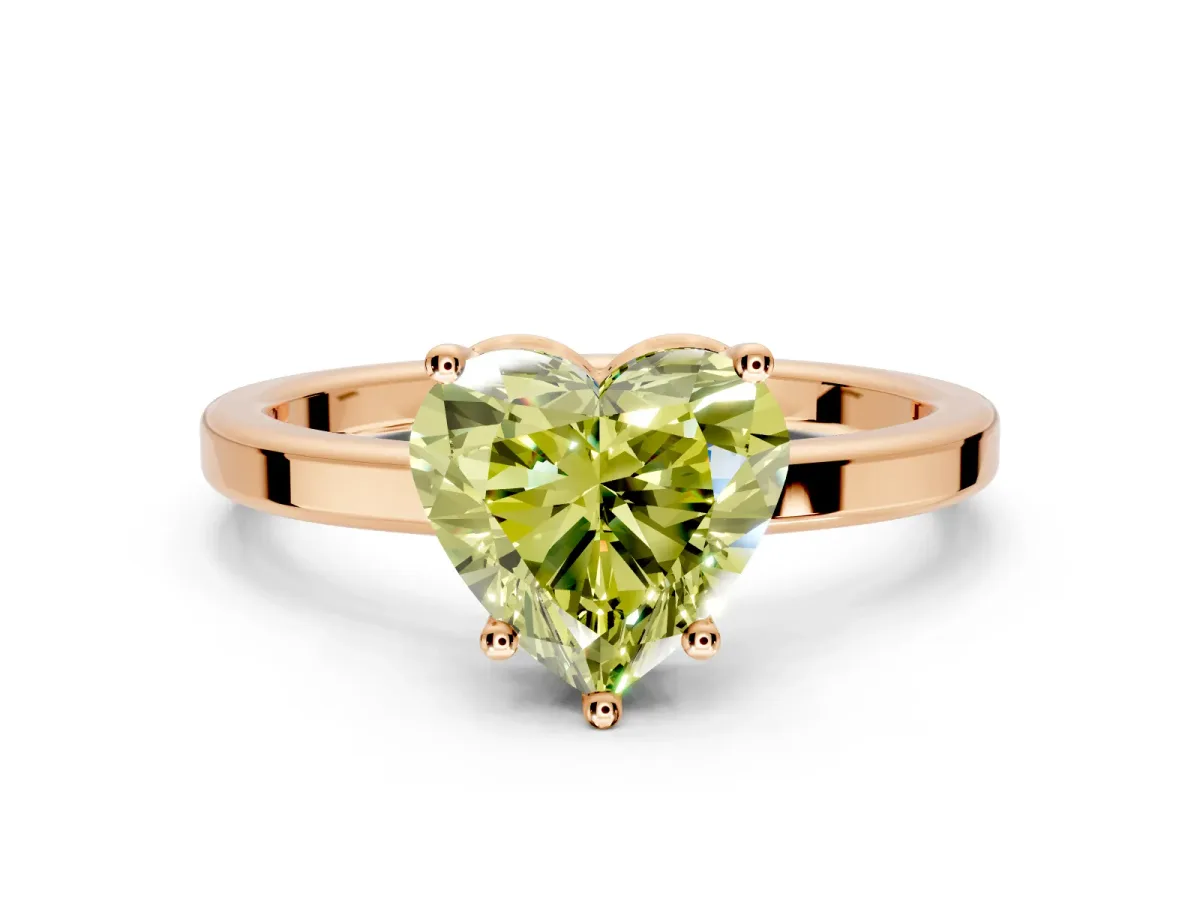 Hidden Halo Engagement Ring Setting for Fancy Yellow Heart-Shaped Center with Wide Flat Plain Band and Prong Head in Rose Gold