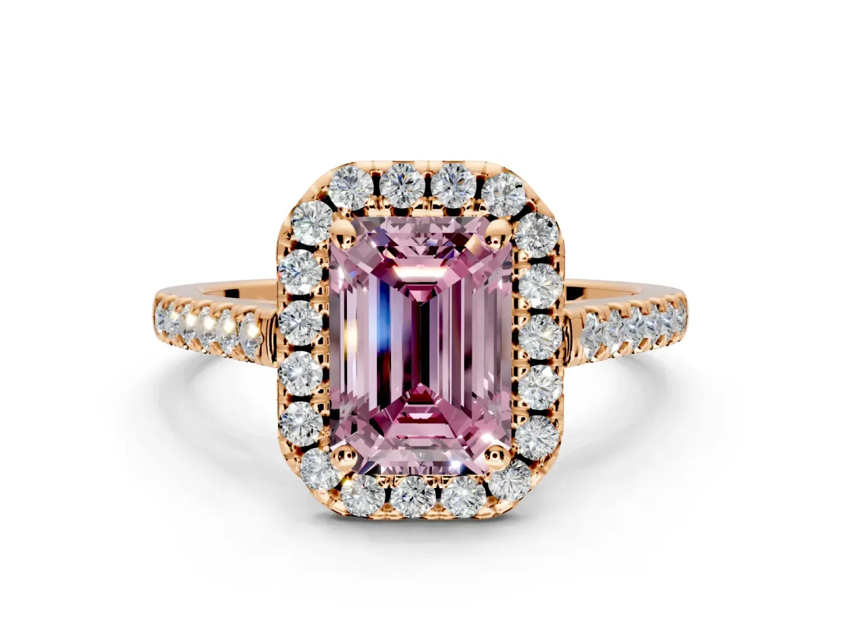 Halo Engagement Ring Setting for Fancy Pink Emerald Cut Center with Raised Halo, Pave Band and Prong Head in Rose Gold