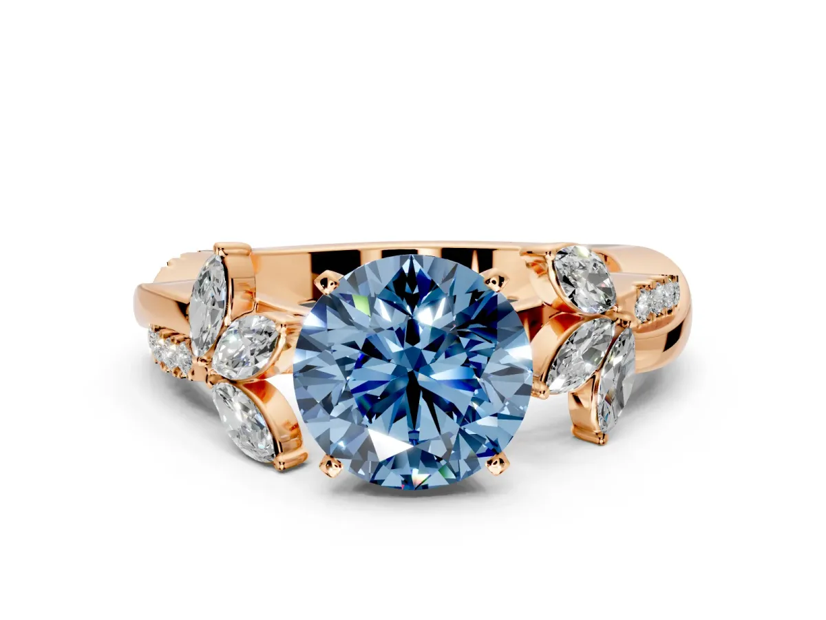 Floral Engagement Ring Setting for Fancy Blue Round Cut Center with Trailing Marquise Accents and Prong Head in Rose Gold