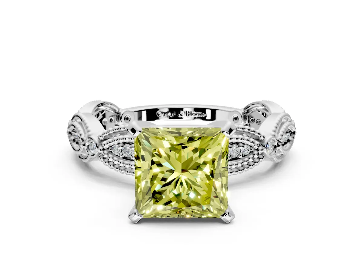 Solitaire Engagement Ring Setting for Fancy Yellow Princess Cut Center with Marquise Panel Band and Prong Head in Platinum