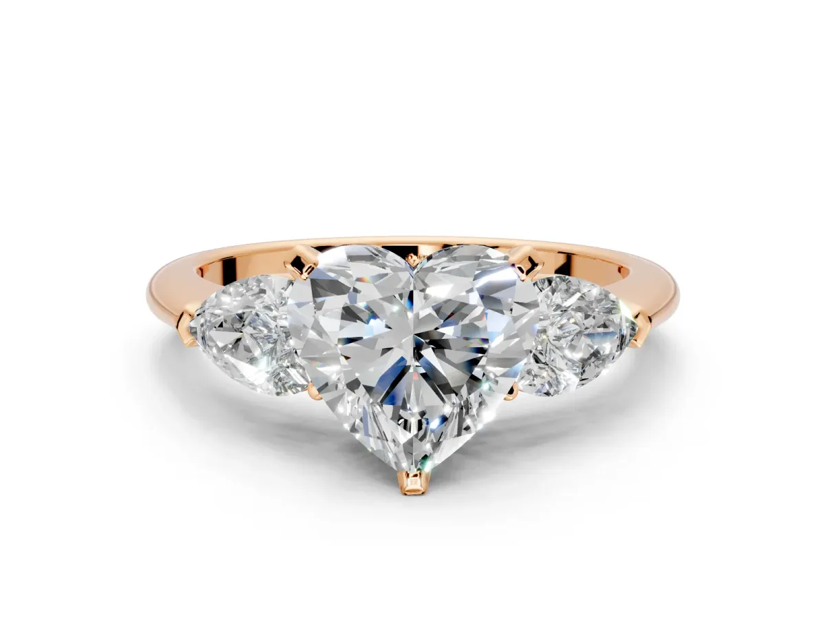 3 Stone Engagement Ring Setting for Heart-Shaped Center with Large Pear-Shaped Accents and Prong Head in Rose Gold