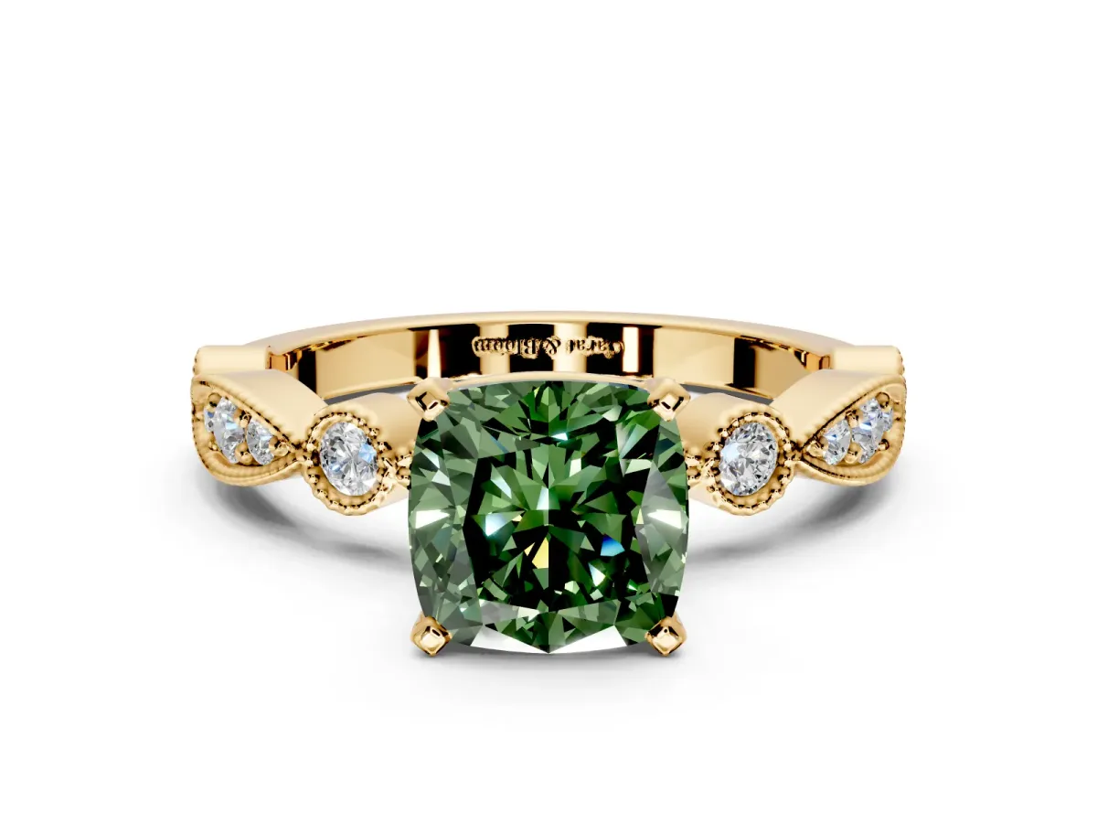 Solitaire Engagement Ring Setting for Fancy Green Cushion Cut Center with Milgrain Bezel Accents and Prong Head in Yellow Gold