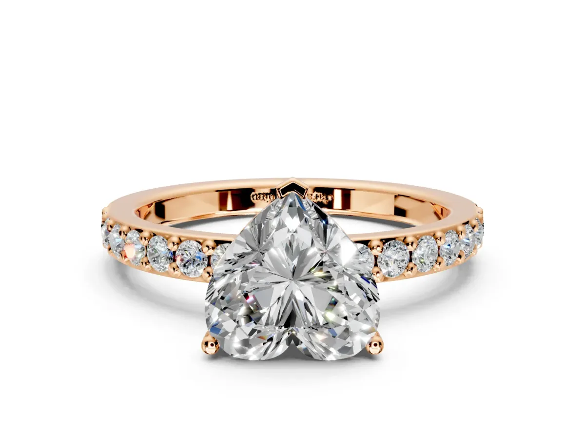 Solitaire Engagement Ring Setting for Heart-Shaped Center with Round Cut Pave Band and Prong Head in Rose Gold