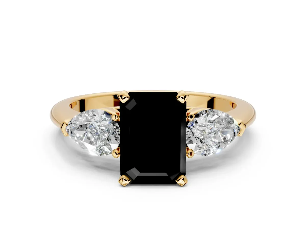 3 Stone Engagement Ring Setting for Fancy Black Emerald Cut Center with Large Pear-Shaped Accents and Prong Head in Yellow Gold