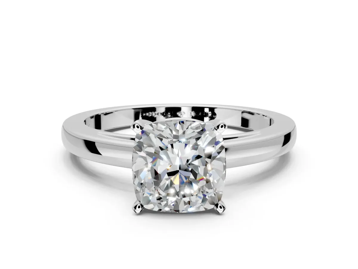 Solitaire Engagement Ring Setting for Cushion Cut Center with Basket Rail and Prong Head in Platinum
