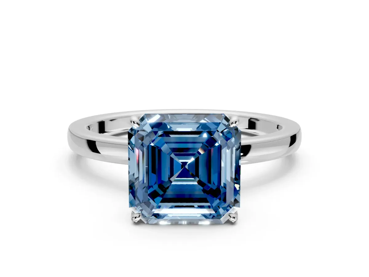 Solitaire Engagement Ring Setting for Fancy Blue Asscher Cut Center with Thin Rounded Plain Band and Prong Head in Sterling Silver