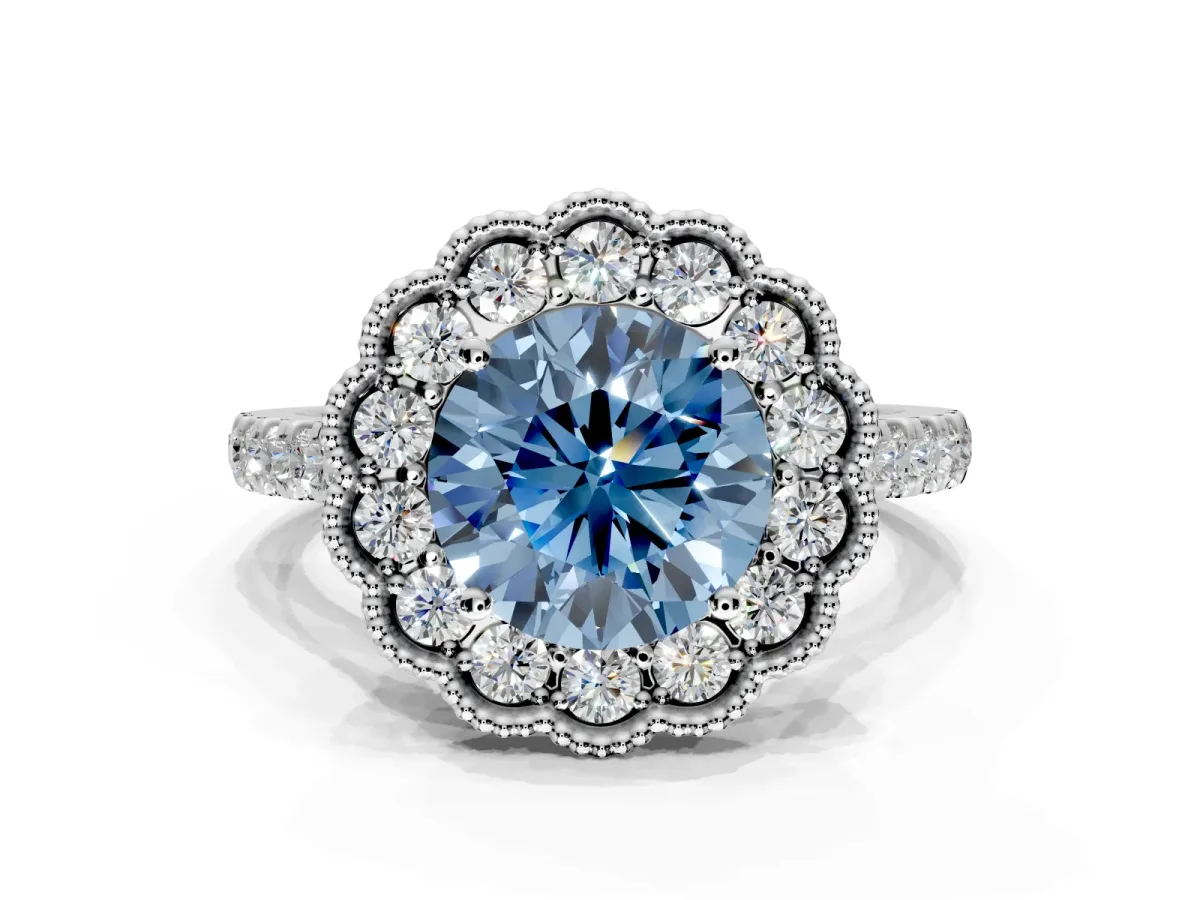Milgrain Floral Halo Engagement Ring Setting for Fancy Blue Round Cut Center with Pave Band and Prong Head in Platinum