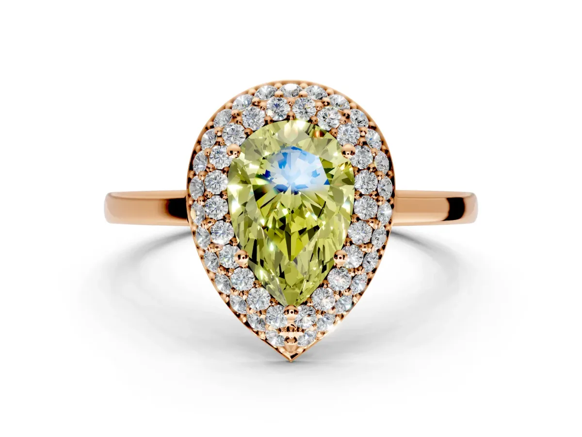 Halo Engagement Ring Setting for Fancy Yellow Pear-Shaped Center with Plain Tapered Band and Prong Head in Rose Gold