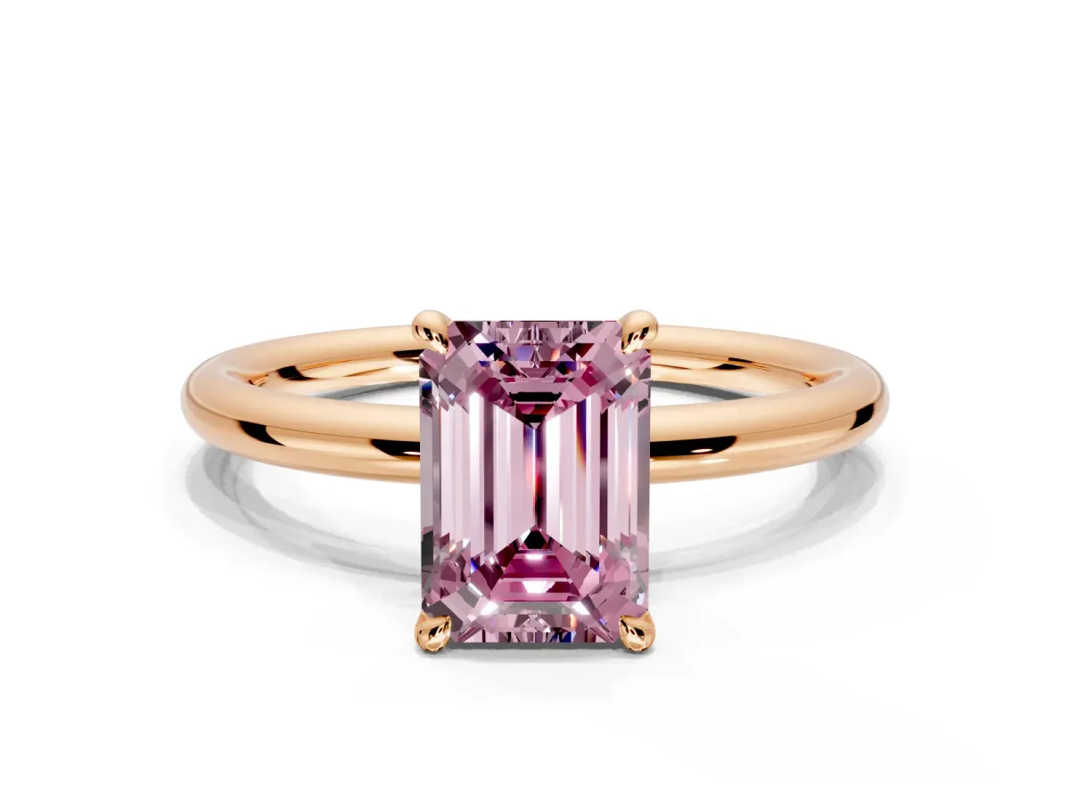 Hidden Halo Engagement Ring Setting for Fancy Pink Emerald Cut Center with Thin Rounded Band and Prong Head in Rose Gold