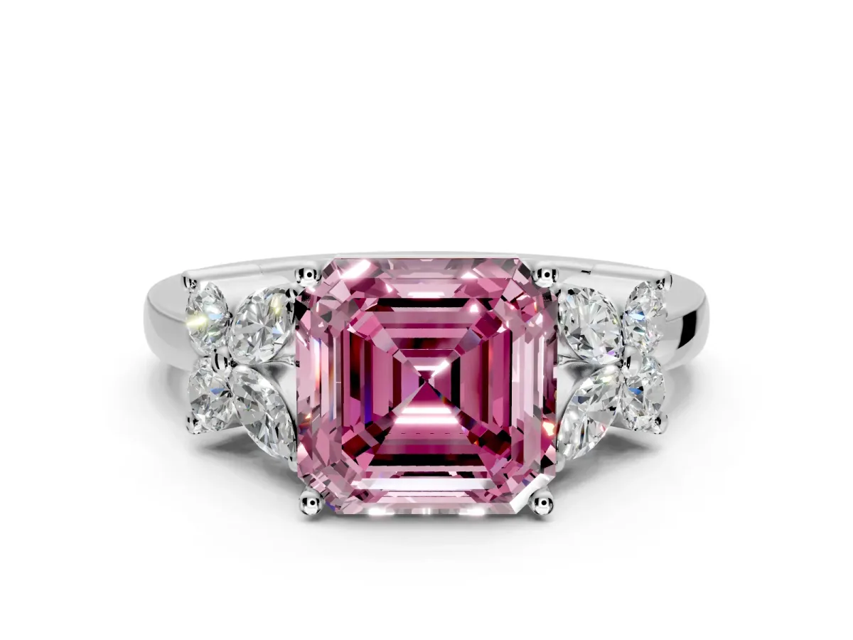 Floral Engagement Ring Setting for Fancy Pink Asscher Cut Center with Marquise Cluster Shoulders and Prong Head in White Gold