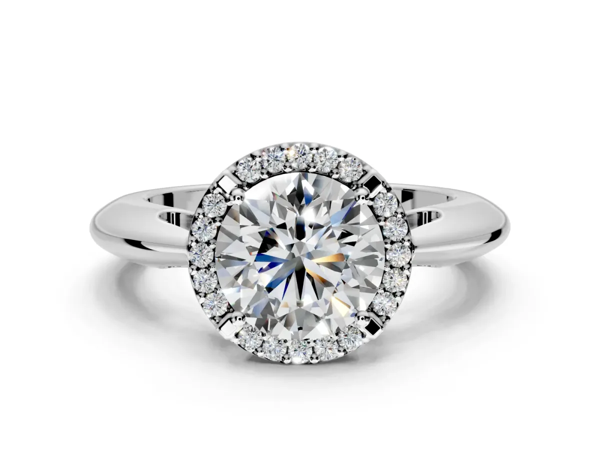 Halo Engagement Ring Setting for Round Cut Center with Tapered Plain Band and Prong Head in Platinum