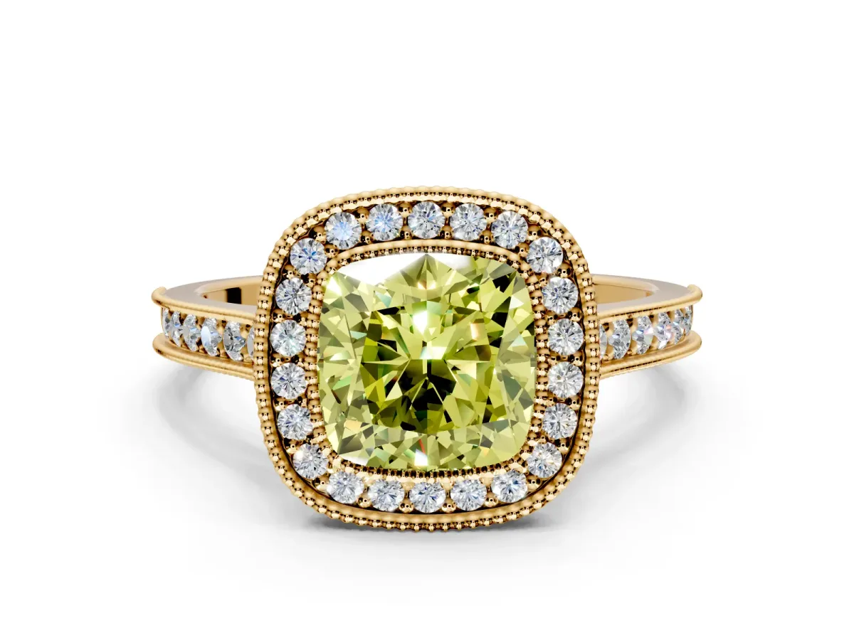 Halo Engagement Ring Setting for Fancy Yellow Cushion Cut Center with Milgrain Pave Band and Bezel Head in Yellow Gold