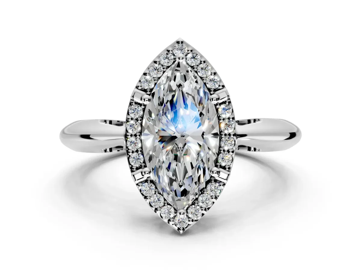Halo Engagement Ring Setting for Marquise Center with Tapered Plain Band and Prong Head in White Gold