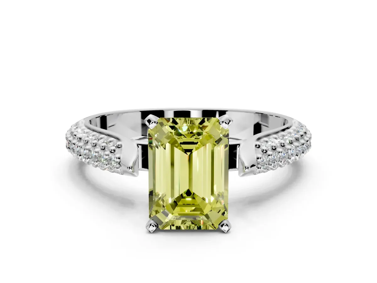 Solitaire Engagement Ring Setting for Fancy Yellow Emerald Cut Center with Multi-Row Accents and Prong Head in White Gold