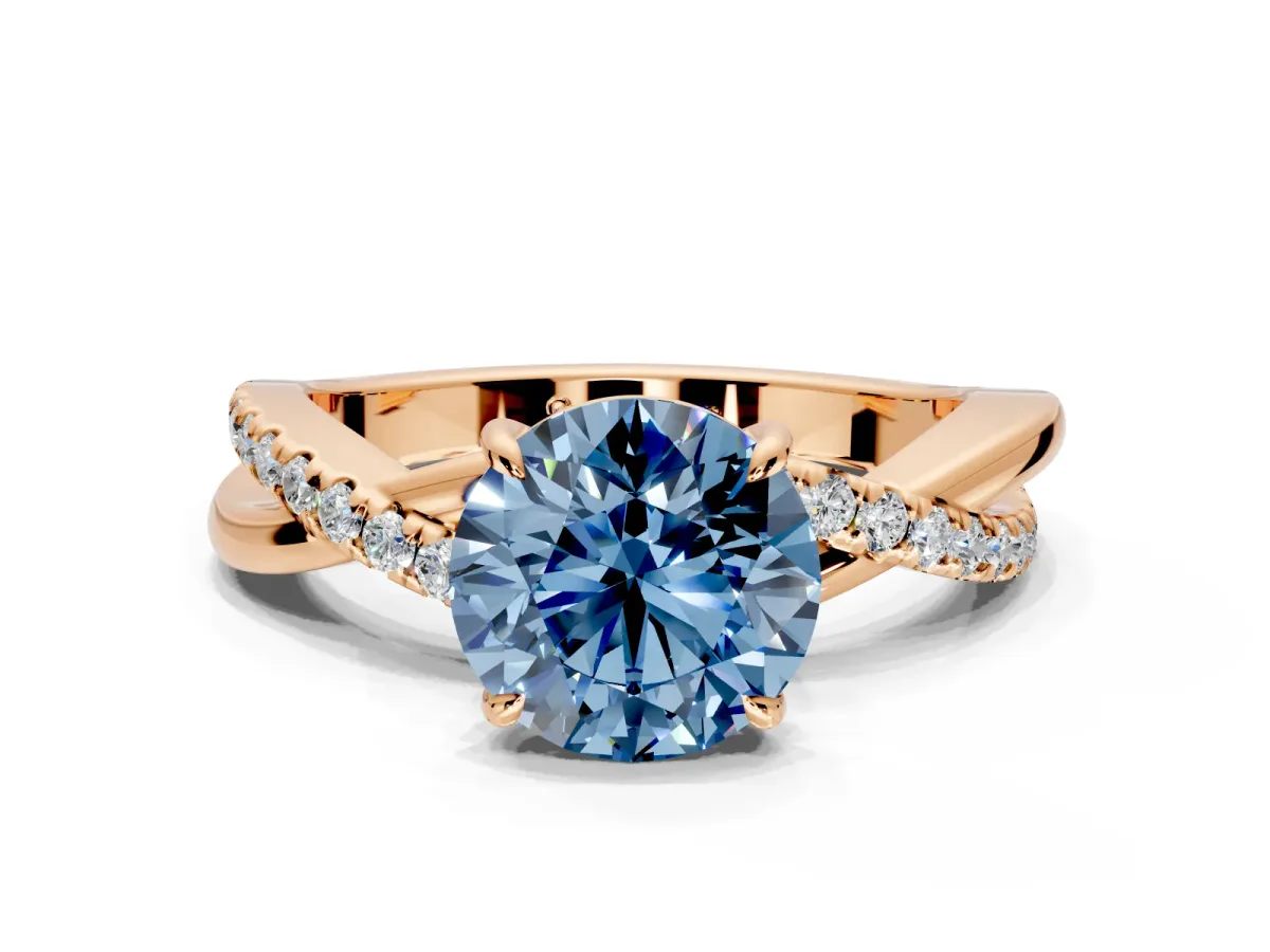 Crossover Engagement Ring Setting for Fancy Blue Round Cut Center with Pave and Plain Strands and Prong Head in Rose Gold