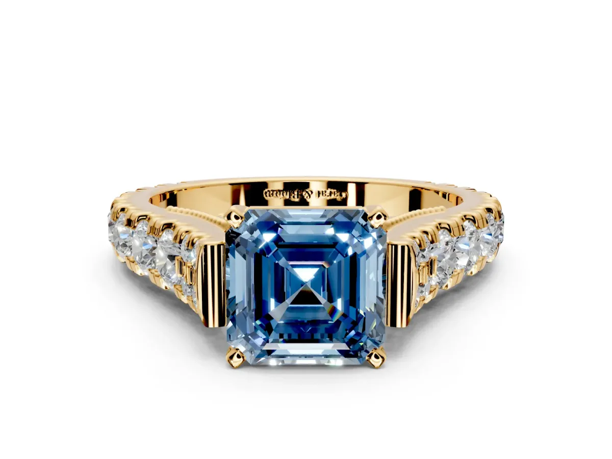 Solitaire Engagement Ring Setting for Fancy Blue Asscher Cut Center with Pave Cathedral Shoulders and Prong Head in Yellow Gold