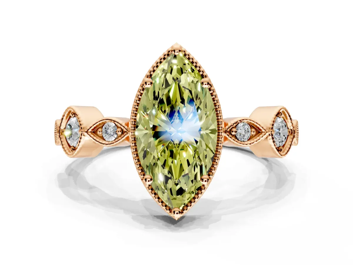 Vintage Station Engagement Ring Setting for Fancy Yellow Marquise Center with Accents and Prong Head in Rose Gold