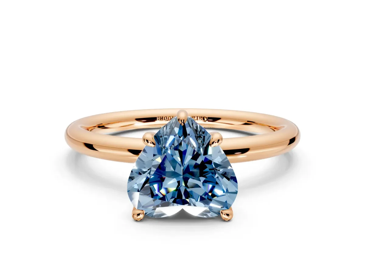 Hidden Halo Engagement Ring Setting for Fancy Blue Heart-Shaped Center with Thin Rounded Band and Prong Head in Rose Gold