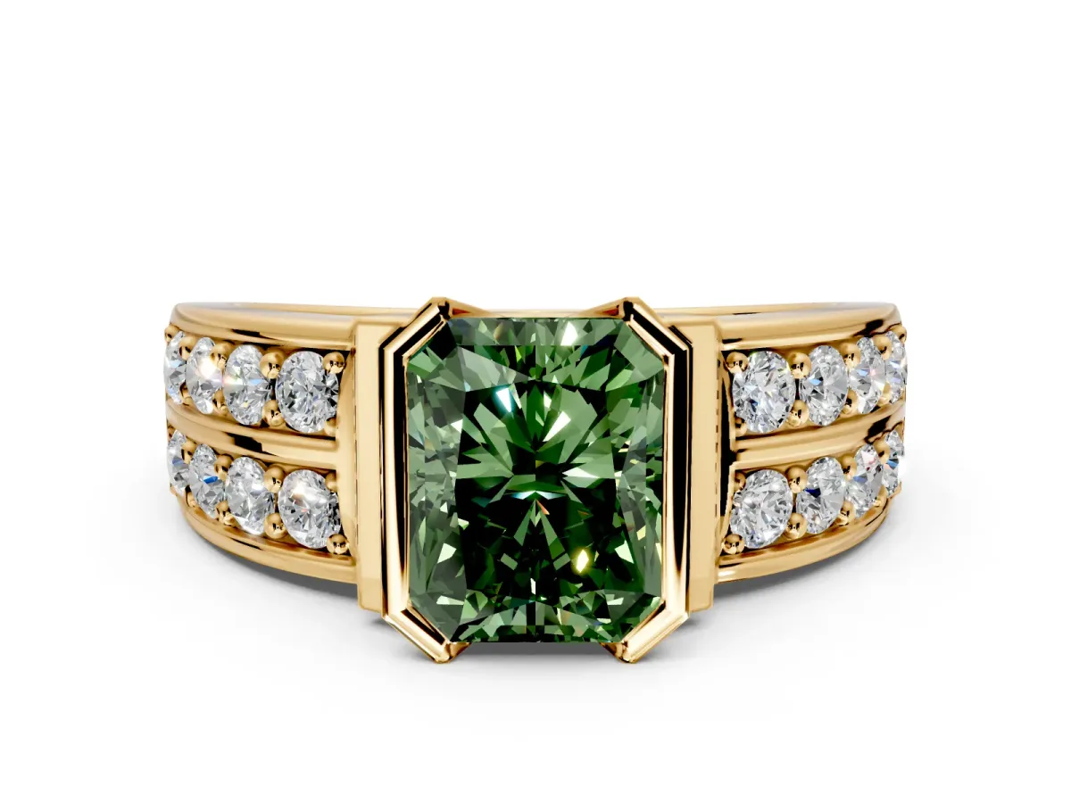 Bezel Engagement Ring Setting for Fancy Green Radiant Cut Center with Wide Channel-Set Band and Bezel Head in Yellow Gold