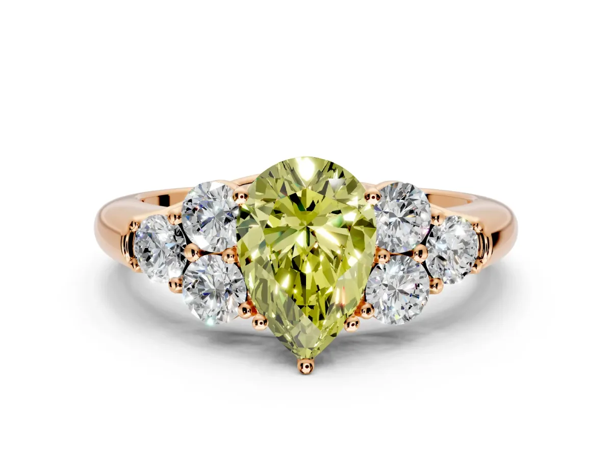 Cluster Engagement Ring Setting for Fancy Yellow Pear-Shaped Center with Round Cut Accent Frame and Prong Head in Rose Gold