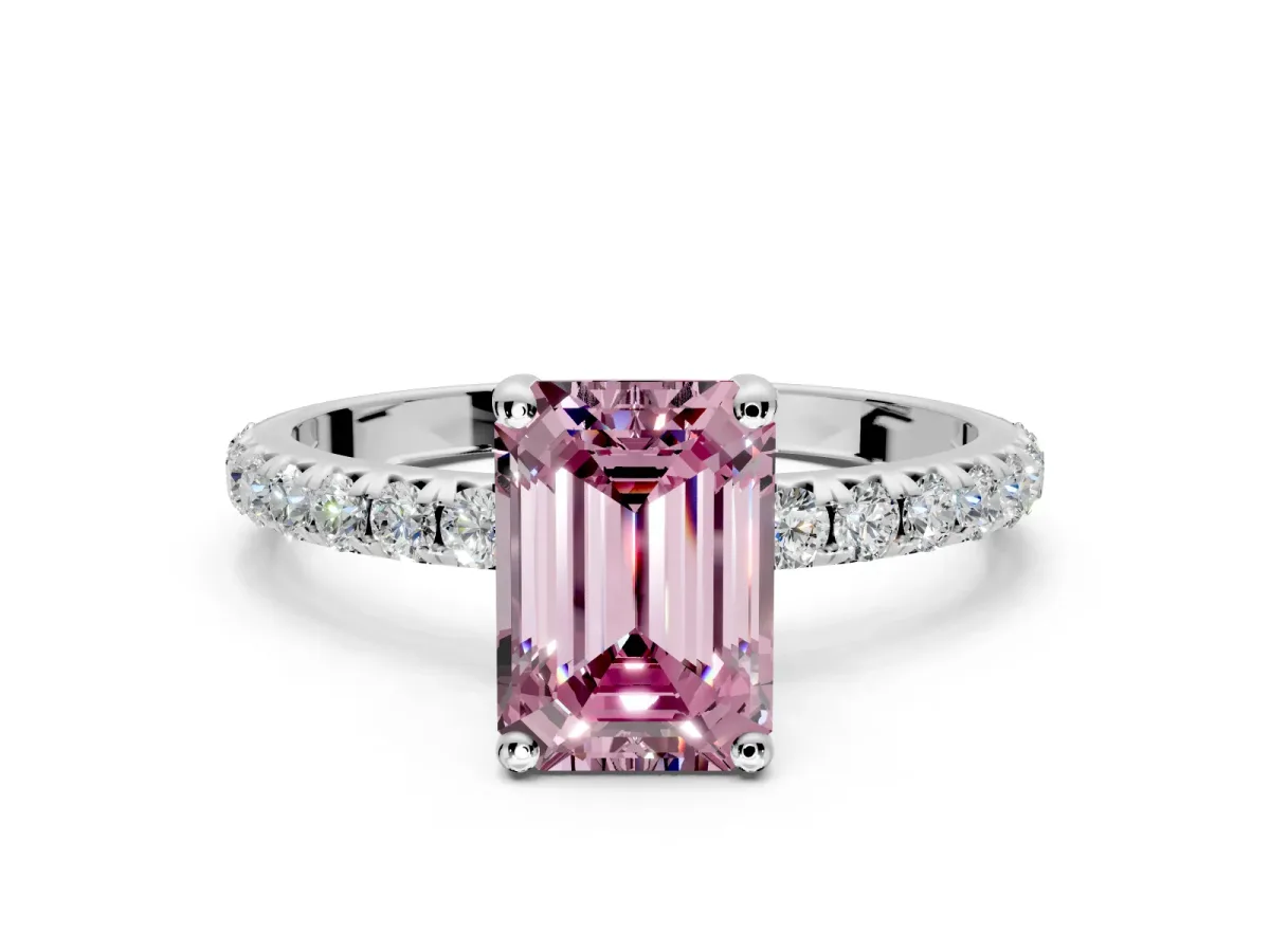 Solitaire Engagement Ring Setting for Fancy Pink Emerald Cut Center with Micro Pave Band and Prong Head in Sterling Silver