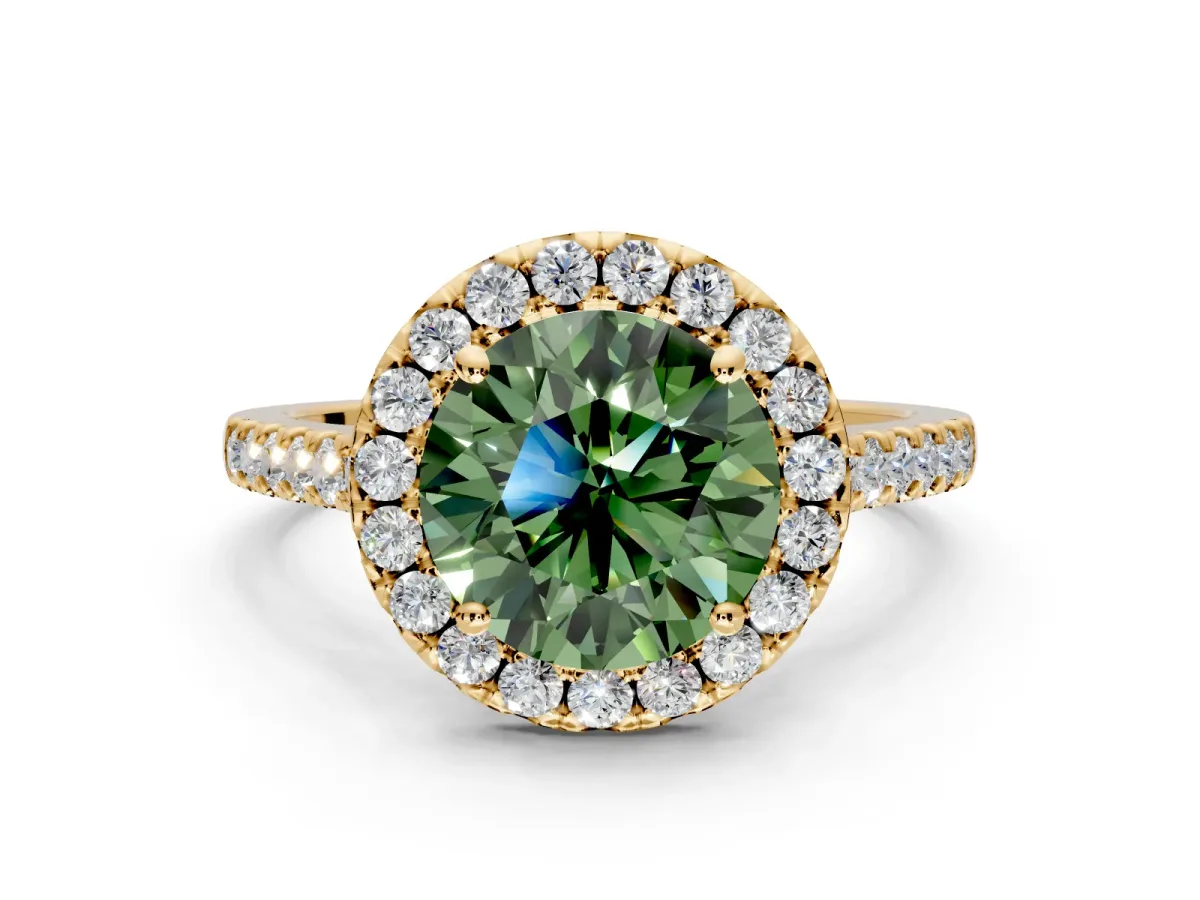 Halo Engagement Ring Setting for Fancy Green Round Cut Center with Narrowing Pave Band and Prong Head in Yellow Gold