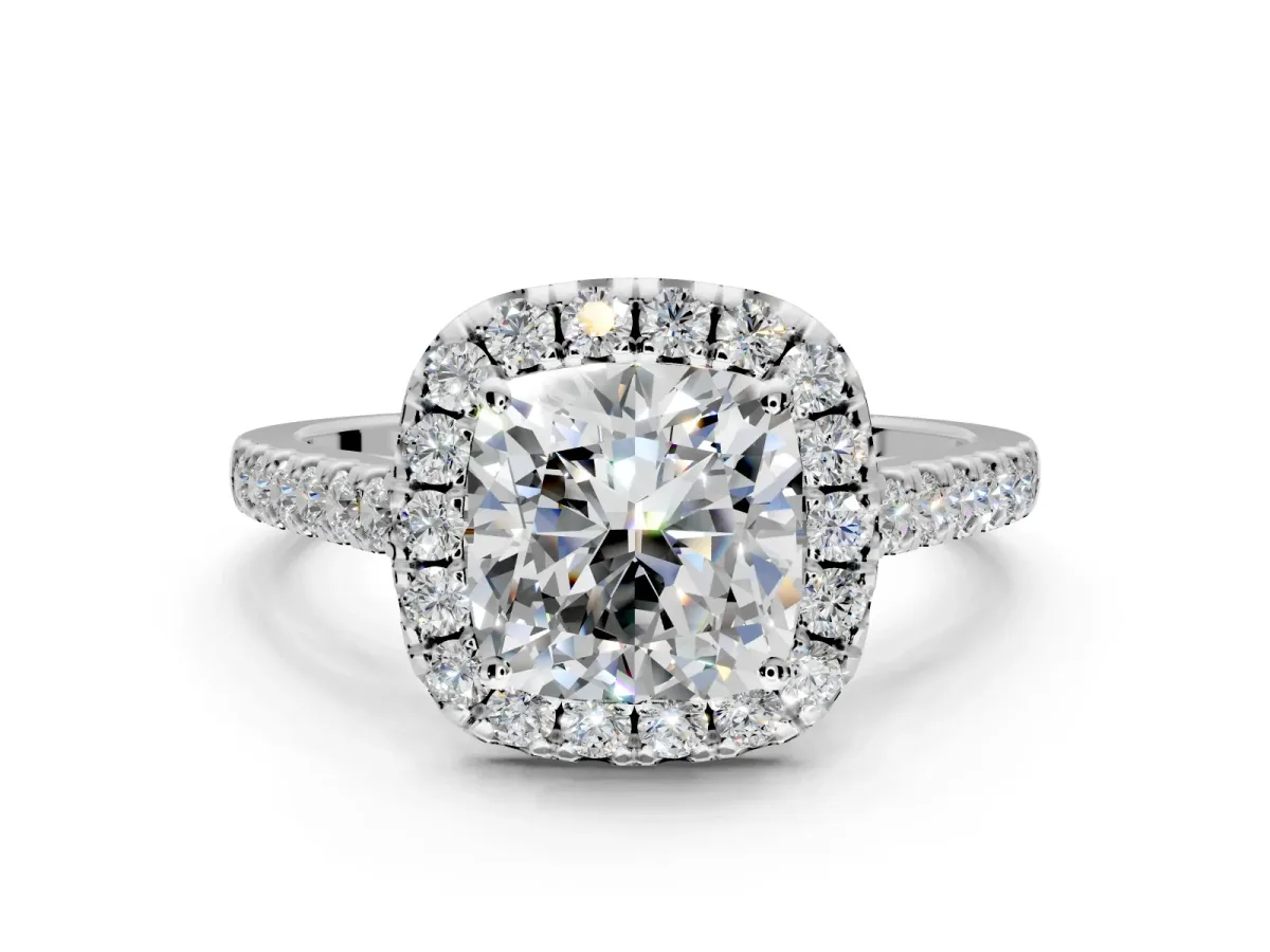 Halo Engagement Ring Setting for Cushion Cut Center with Narrowing Pave Band and Prong Head in Platinum