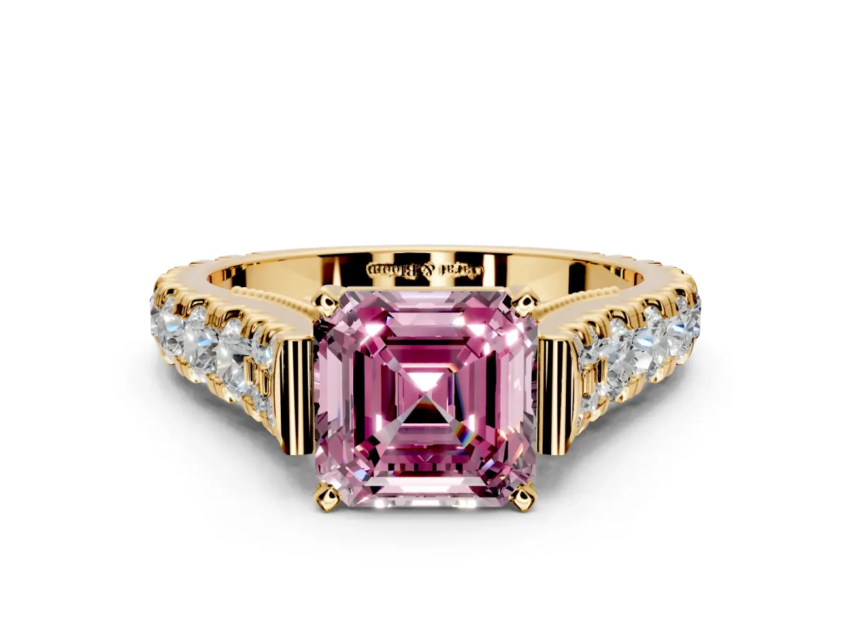 Solitaire Engagement Ring Setting for Fancy Pink Asscher Cut Center with Pave Cathedral Shoulders and Prong Head in Yellow Gold