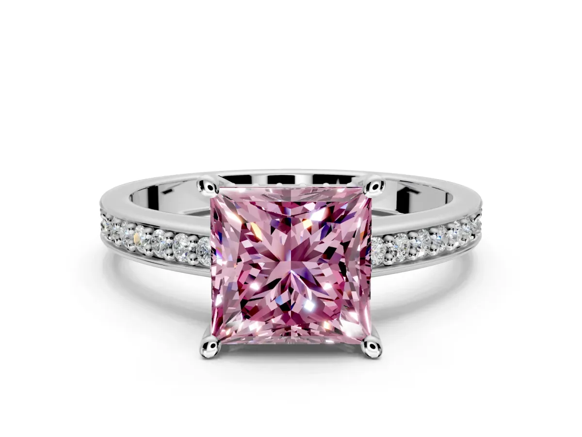 Solitaire Engagement Ring Setting for Fancy Pink Princess Cut Center with Channel-Set Accent Band and Prong Head in White Gold