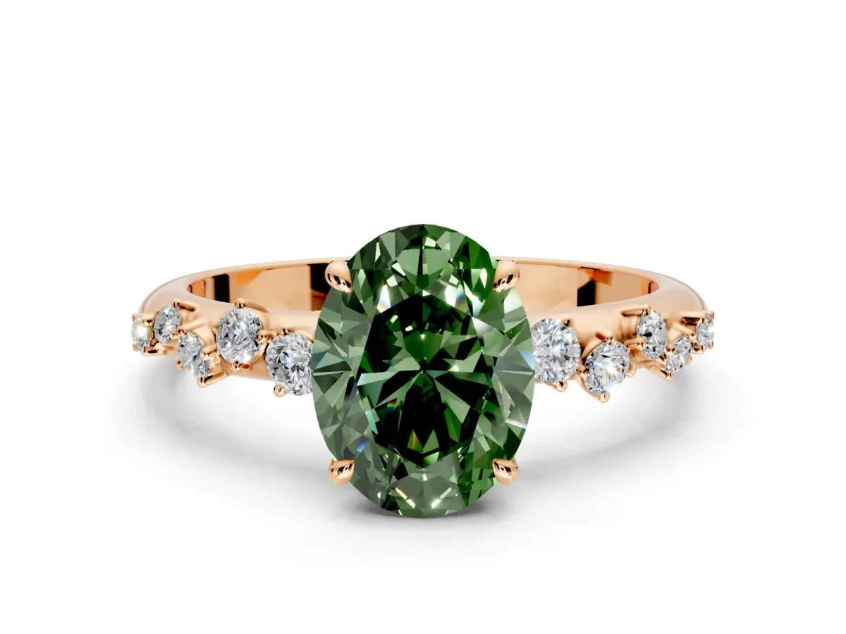Cluster Engagement Ring Setting for Fancy Green Oval Center with Round Cut Accent Band and Prong Head in Rose Gold