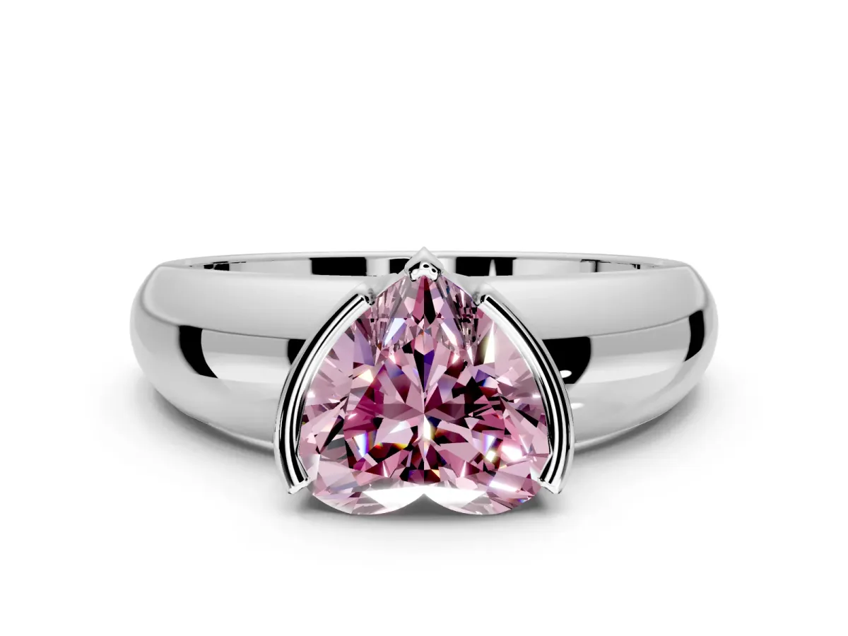 Tension Engagement Ring Setting for Fancy Pink Heart-Shaped Center with Wide Flat Band and Tension Head in White Gold