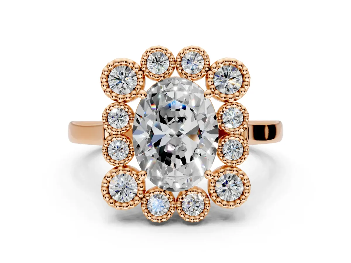 Cluster Halo Engagement Ring Setting for Oval Center with Milgrain Bezel Accents and Prong Head in Rose Gold