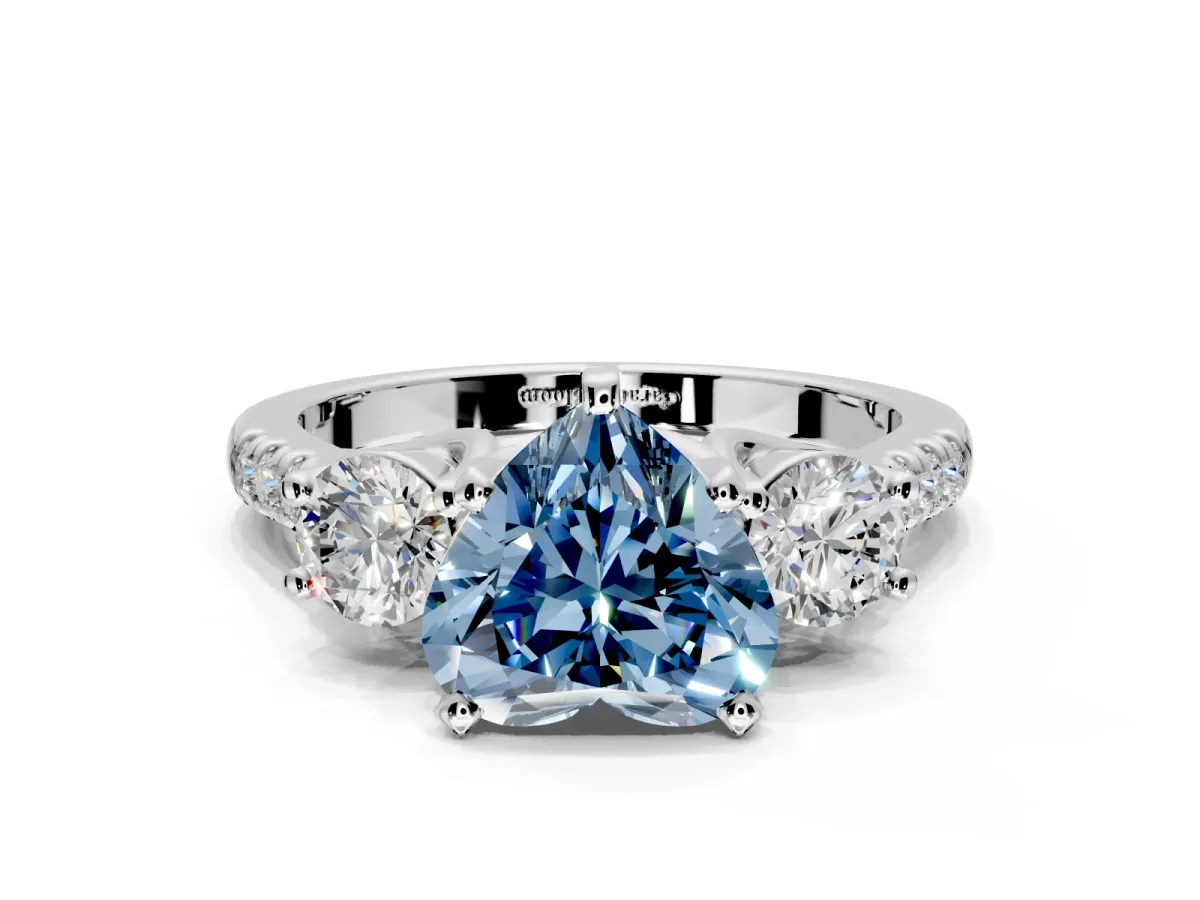 3 Stone Engagement Ring Setting for Fancy Blue Heart-Shaped Center with Crossover Basket, Pave Band and Prong Head in Platinum