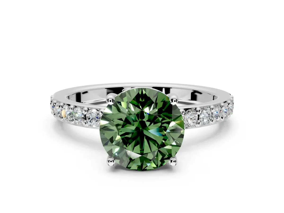 Solitaire Engagement Ring Setting for Fancy Green Round Cut Center with Round Cut Pave Band and Prong Head in Platinum